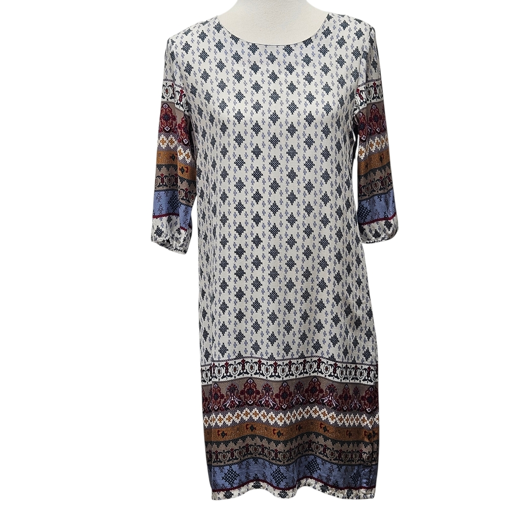 ANANY Boho Printed Shift Dress Size 40 US M/L Multi-Color Ethnic Pattern Cottage
